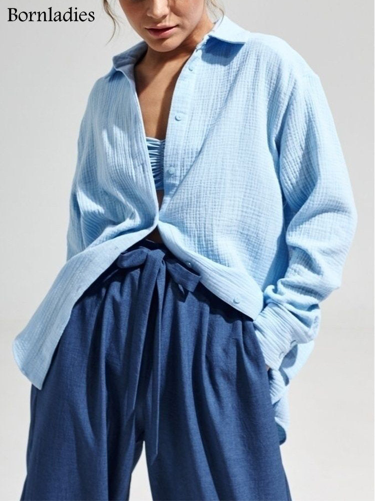 Bornladies 2023 Women's Spring Summer 100% Cotton Shirts Office Lady  Fashionable Solid Lady Long Sleeve Loose Tops Crepe Shirts